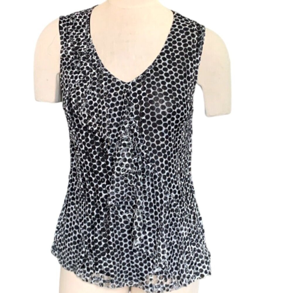 Chico's Black & White Polka Dot Mesh Alanis Ruffle Tank Top Sz 1 (M/8) #137F